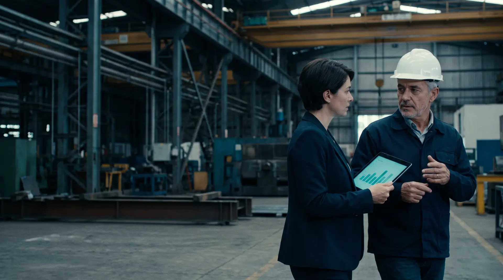 Corretora de seguros mostrando um gráfico no tablet ao gerente de uma planta industrial