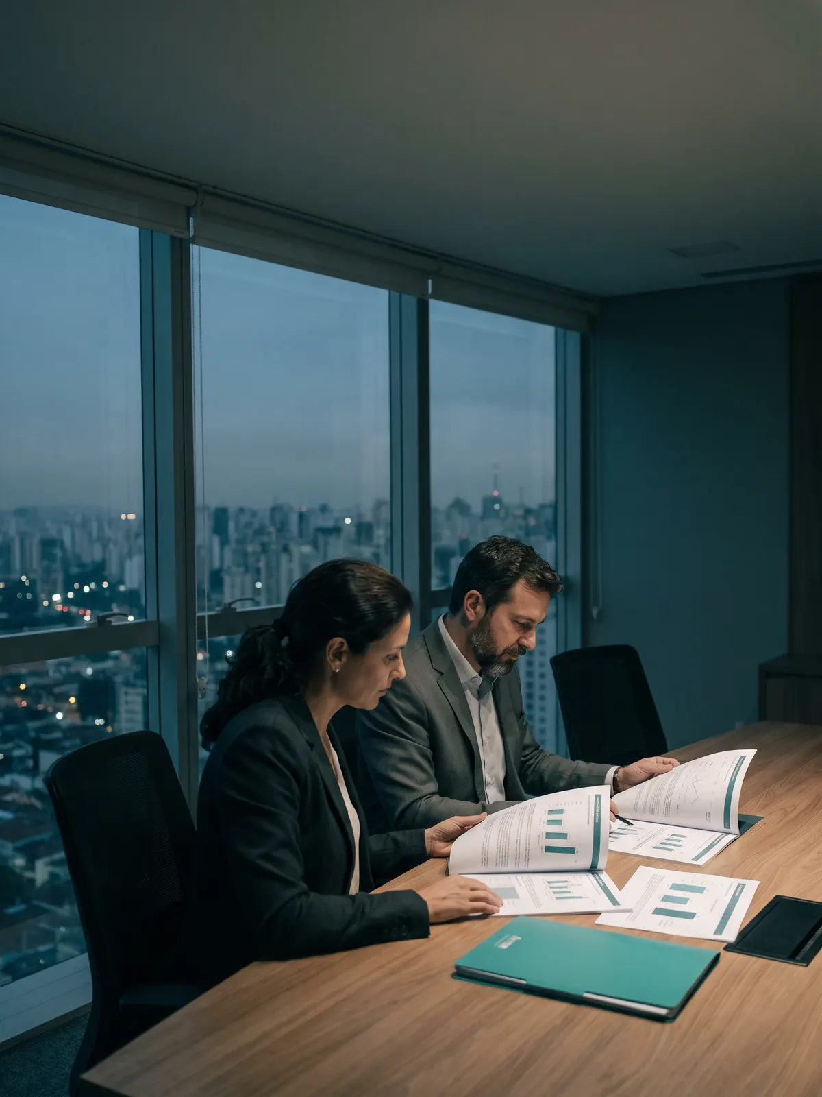 Corretor e cliente revisando um relatório de renovação